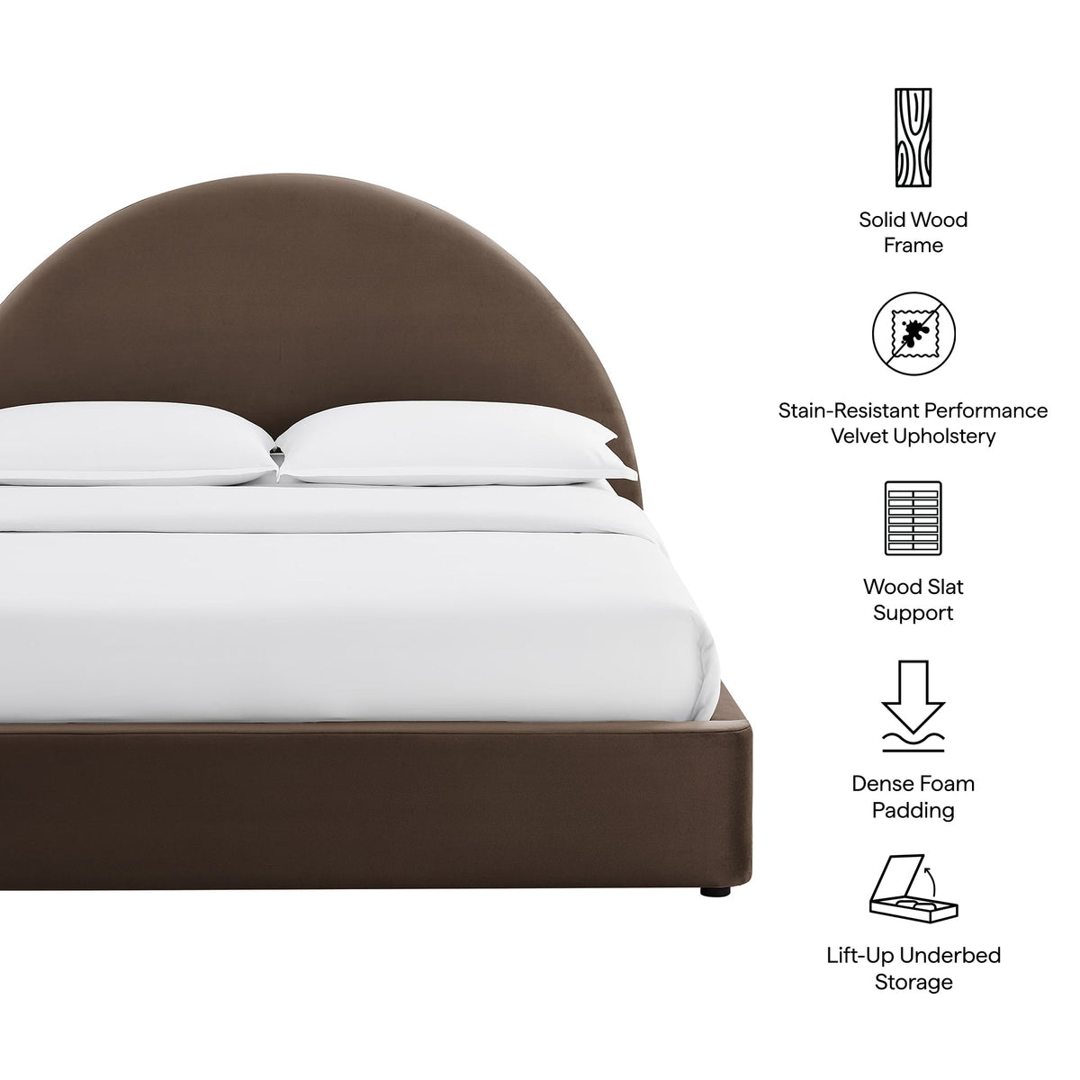 Resort Arched Performance Velvet Storage Platform Bed Frame, brown velvet, solid wood frame on Tampa Home & Garden Store