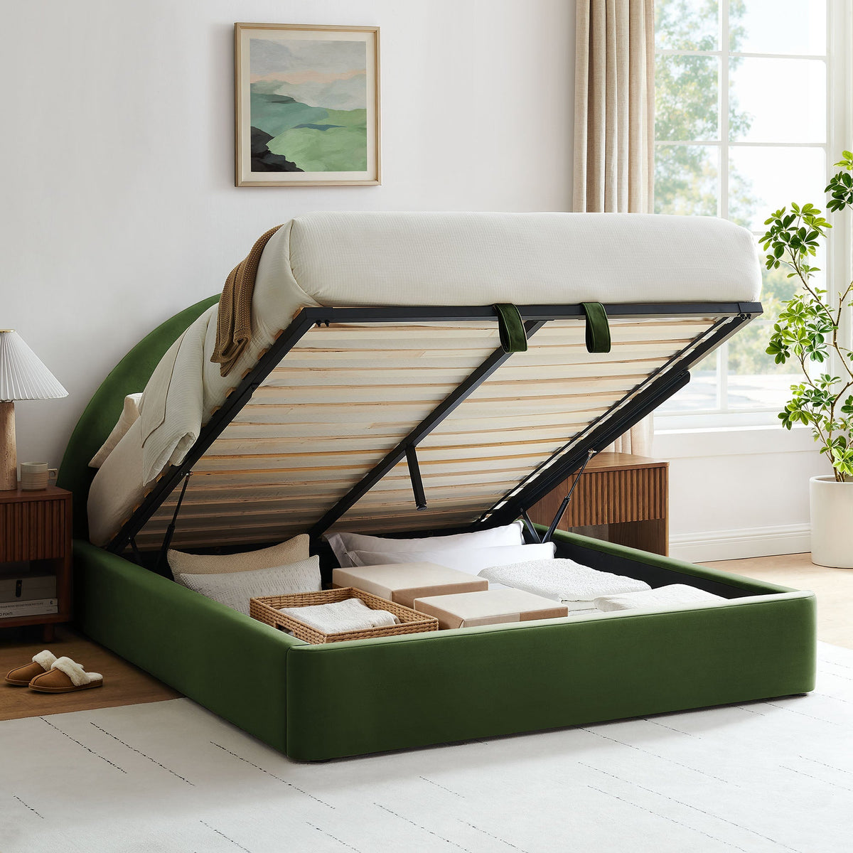 Resort arched velvet storage platform bed frame by Modway in green with slatted base on Tampa Home & Garden Store