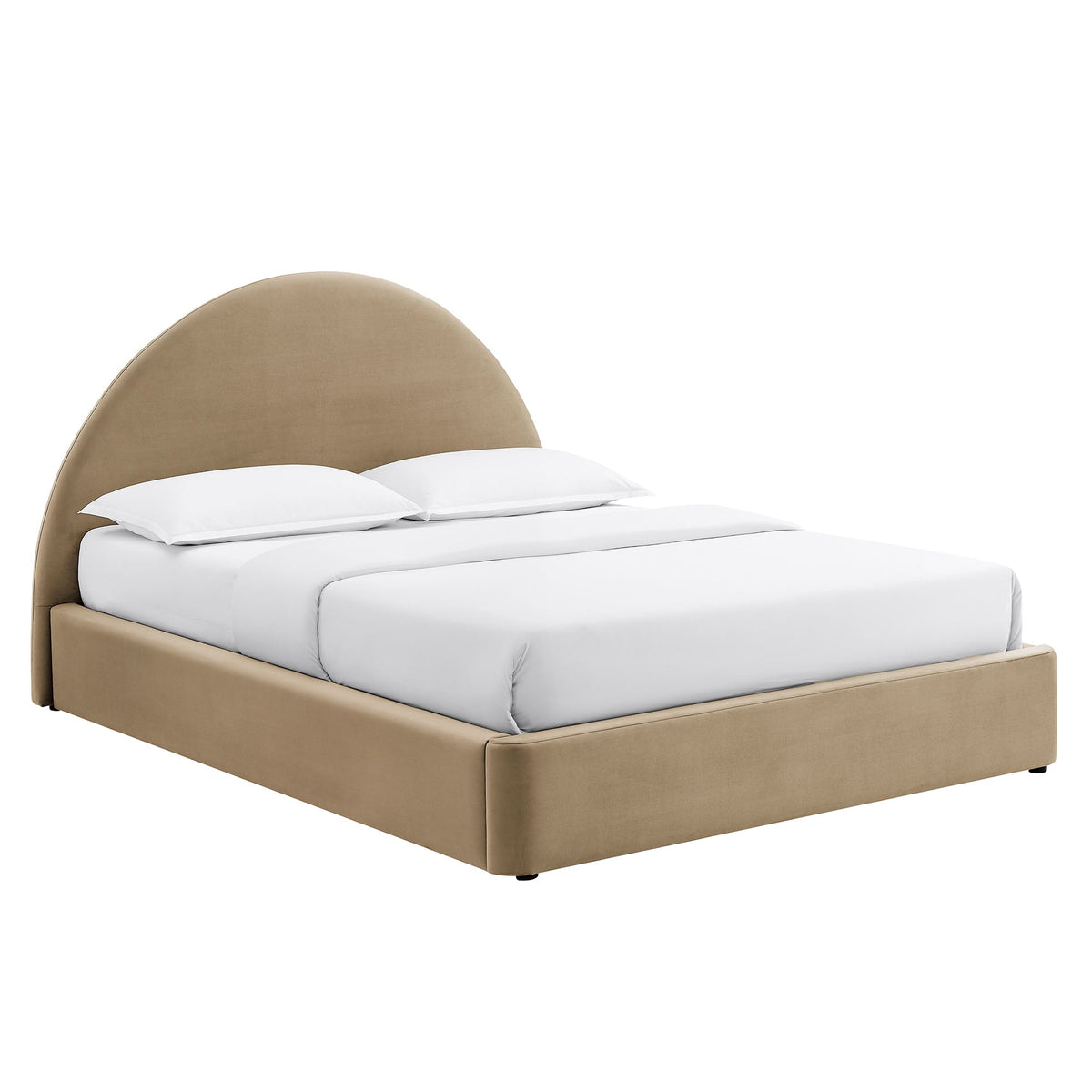 Resort arched velvet storage platform bed frame in beige with white bedding by Modway on Tampa Home & Garden Store