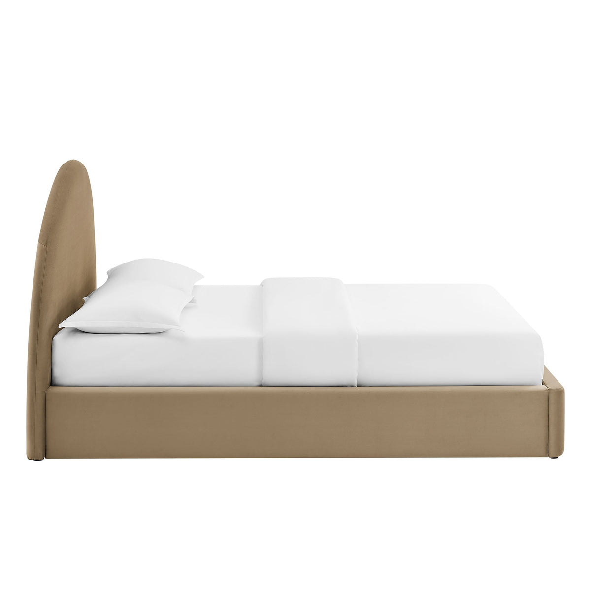Resort arched performance velvet storage platform bed frame in tan beige with white bedding on Tampa Home & Garden Store