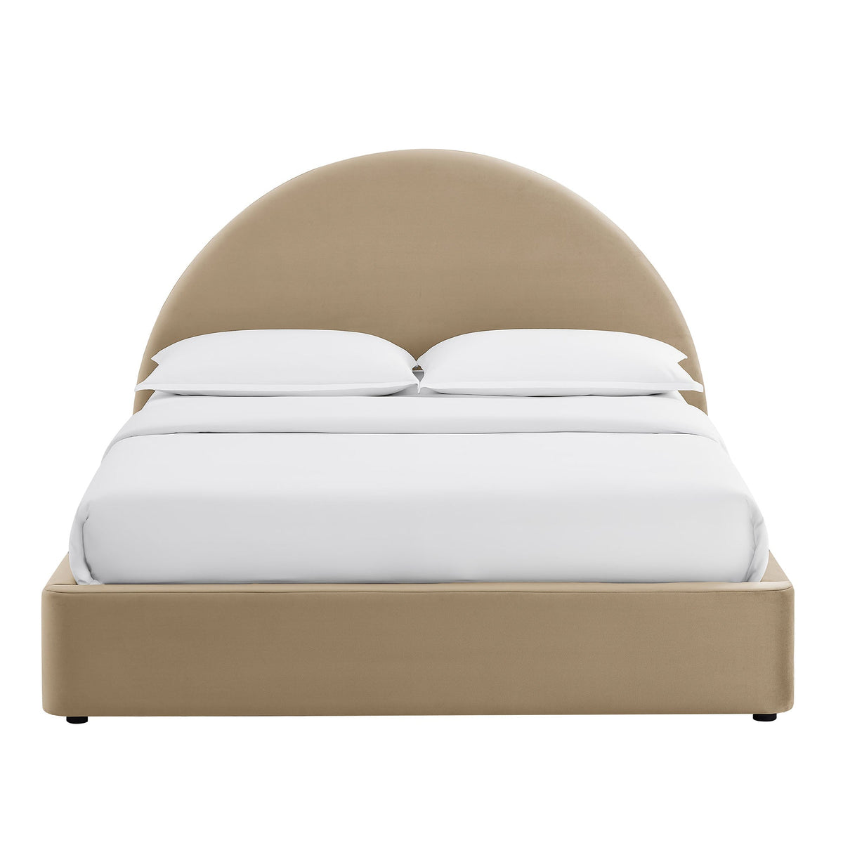 Resort arched velvet storage platform bed frame in beige with white bedding by Modway on Tampa Home & Garden Store