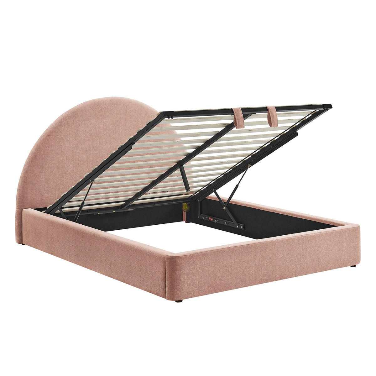 Resort arched upholstered fabric storage bed frame in blush pink with black metal lift mechanism on Tampa Home & Garden Store