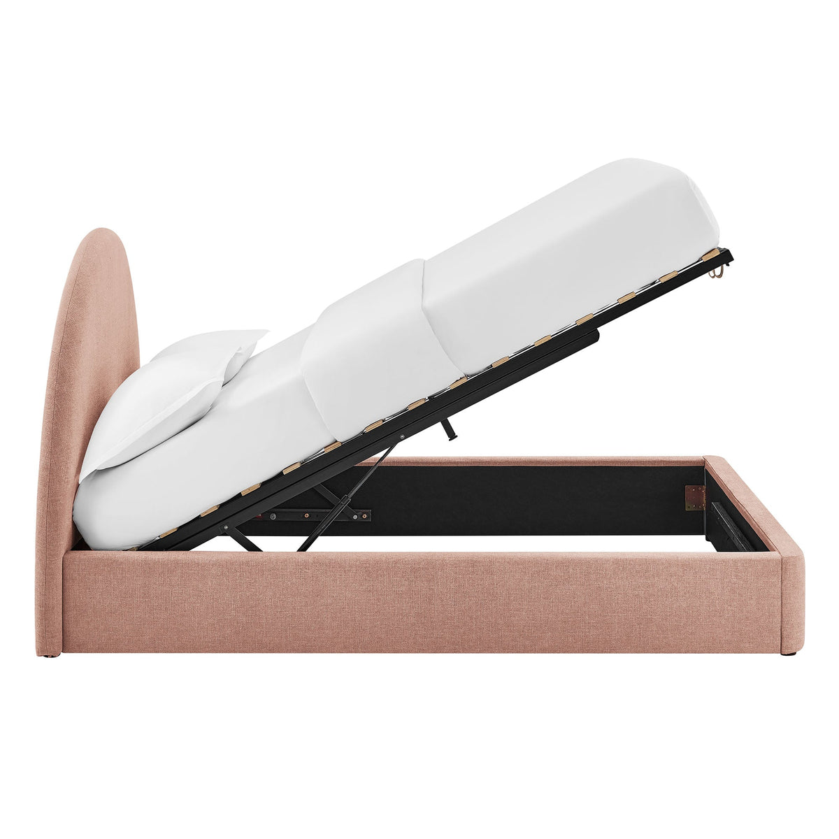 Resort arched upholstered fabric storage platform bed frame in blush pink on Tampa Home & Garden Store