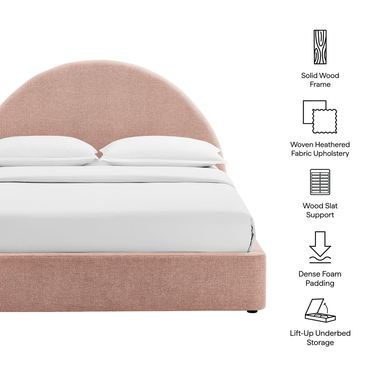Resort arched upholstered fabric storage platform bed frame in dusty rose with white bedding on Tampa Home & Garden Store