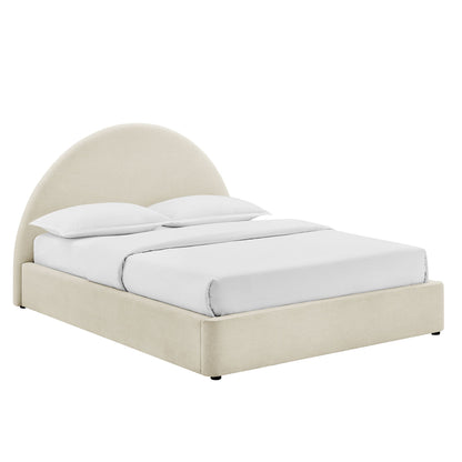 Resort arched upholstered fabric storage platform bed frame beige with white bedding on Tampa Home & Garden Store