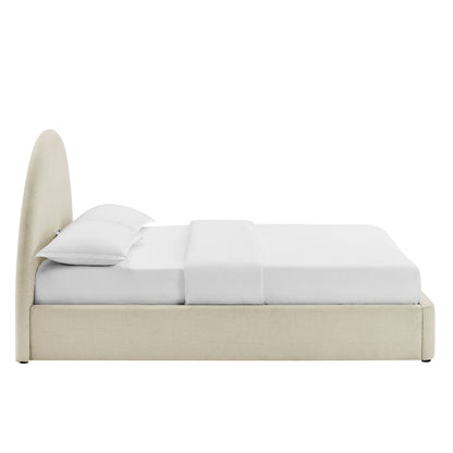 Resort arched upholstered fabric storage platform bed frame in beige with white bedding on Tampa Home & Garden Store