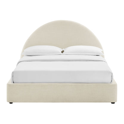 Resort arched upholstered fabric storage platform bed frame in beige with white bedding on Tampa Home & Garden Store