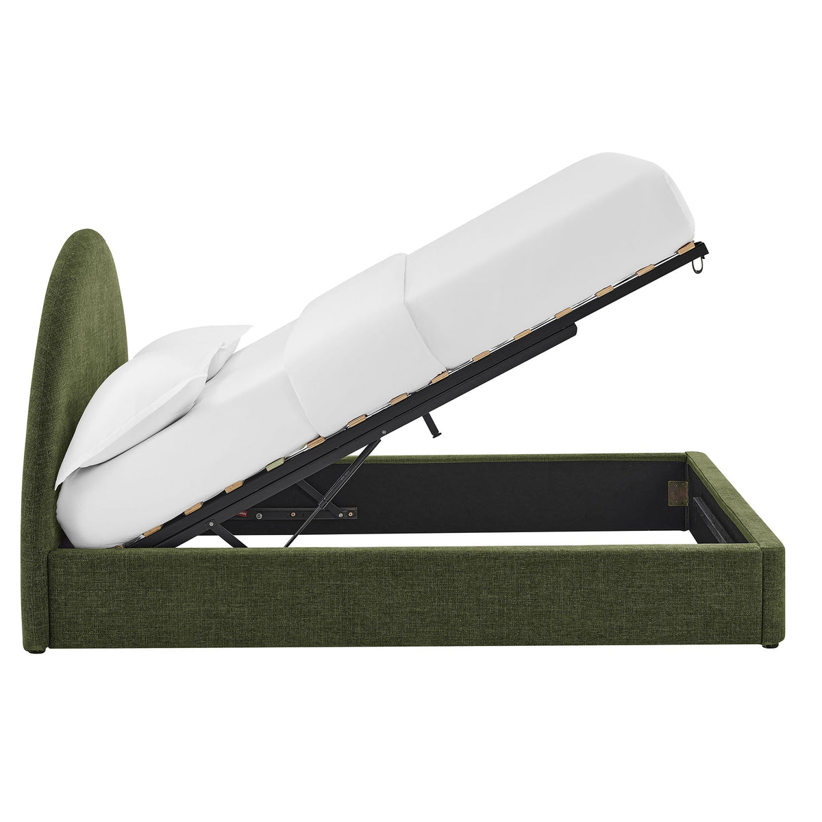Resort Arched Upholstered Fabric Storage Platform Bed Frame in olive green with white mattress on Tampa Home & Garden Store