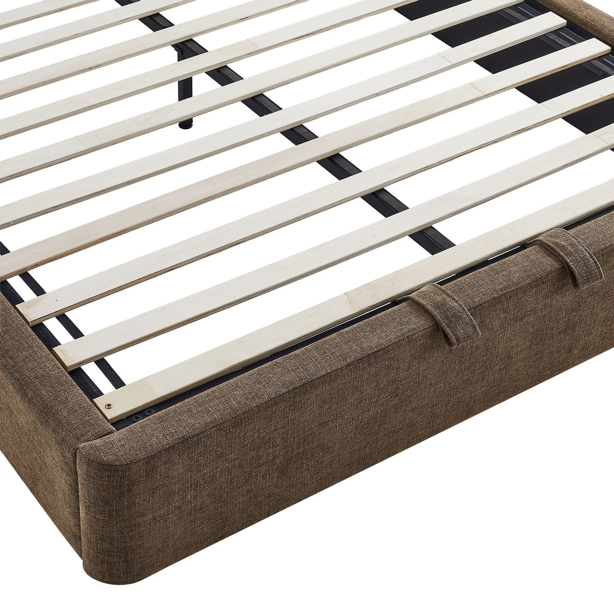 Resort Arched Upholstered Platform Bed Frame in brown fabric with slatted base on Tampa Home & Garden Store