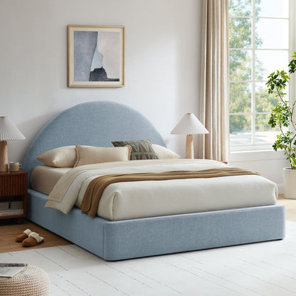 Resort Arched Upholstered Fabric Storage Platform Bed Frame in blue with beige bedding on Tampa Home & Garden Store