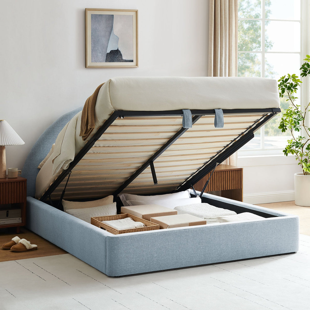 Resort arched upholstered fabric storage platform bed frame by Modway in beige with metal legs on Tampa Home & Garden Store