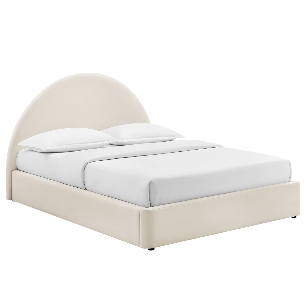 Resort arched velvet storage platform bed frame in cream with bed skirt and white bedding on Tampa Home & Garden Store
