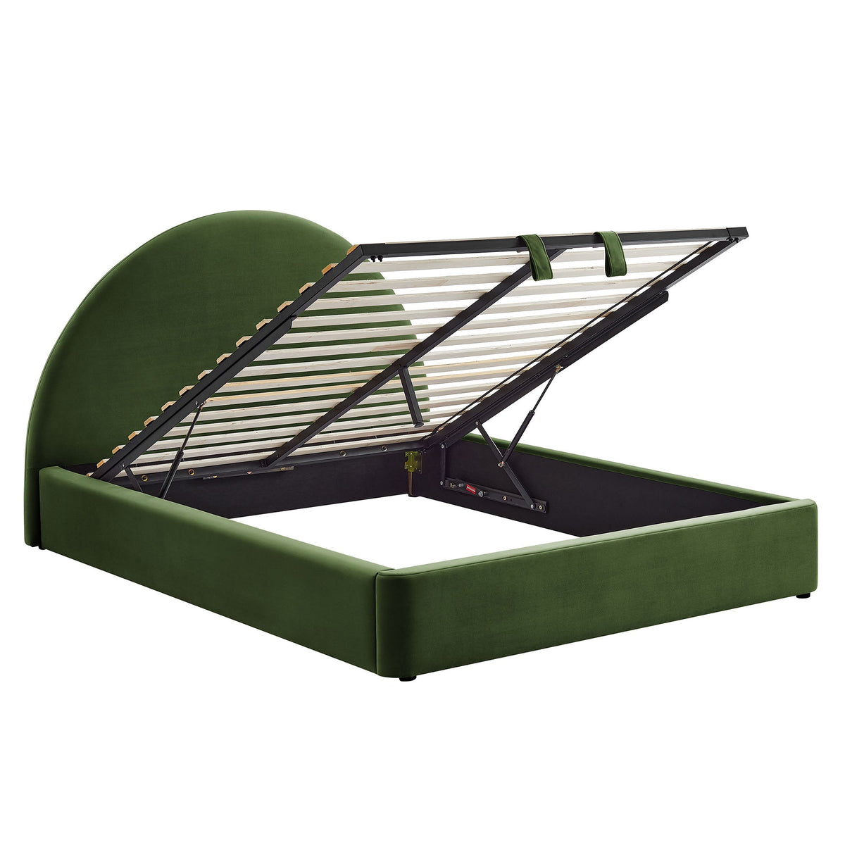 Resort arched velvet storage platform bed frame in green with bed skirt and slat foundation on Tampa Home & Garden Store