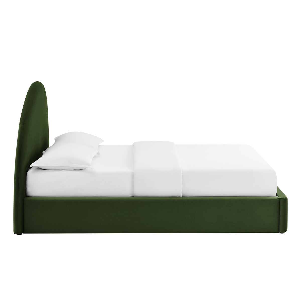 Resort Arched Performance Velvet Storage Platform Bed Frame green with white bedding on Tampa Home & Garden Store