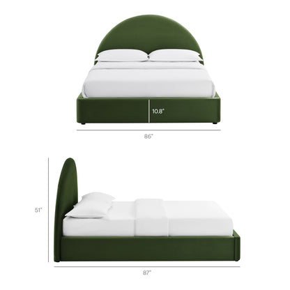 Resort arched velvet storage platform bed frame in emerald green with white bedding by Modway on Tampa Home & Garden Store