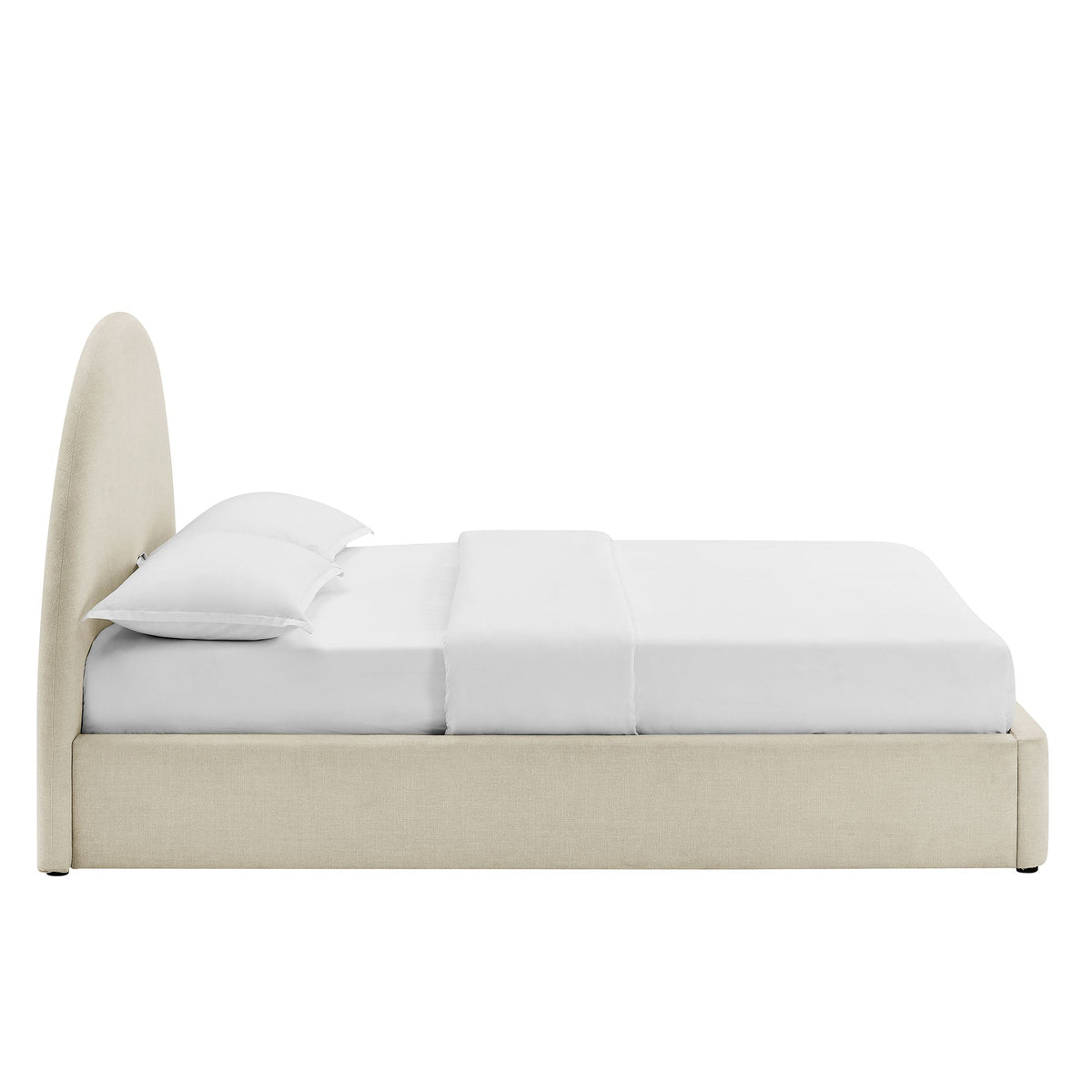 Resort arched upholstered fabric storage platform bed frame beige with white bedding on Tampa Home & Garden Store