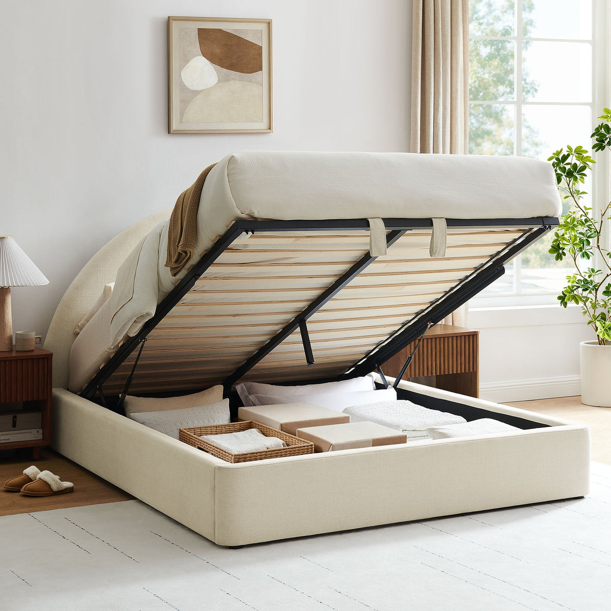 Resort arched upholstered fabric storage platform bed frame in beige with underbed storage on Tampa Home & Garden Store