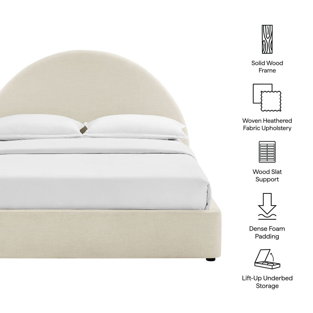 Resort Arched Upholstered Fabric Storage Platform Bed Frame beige with lift-up underbed storage on Tampa Home & Garden Store