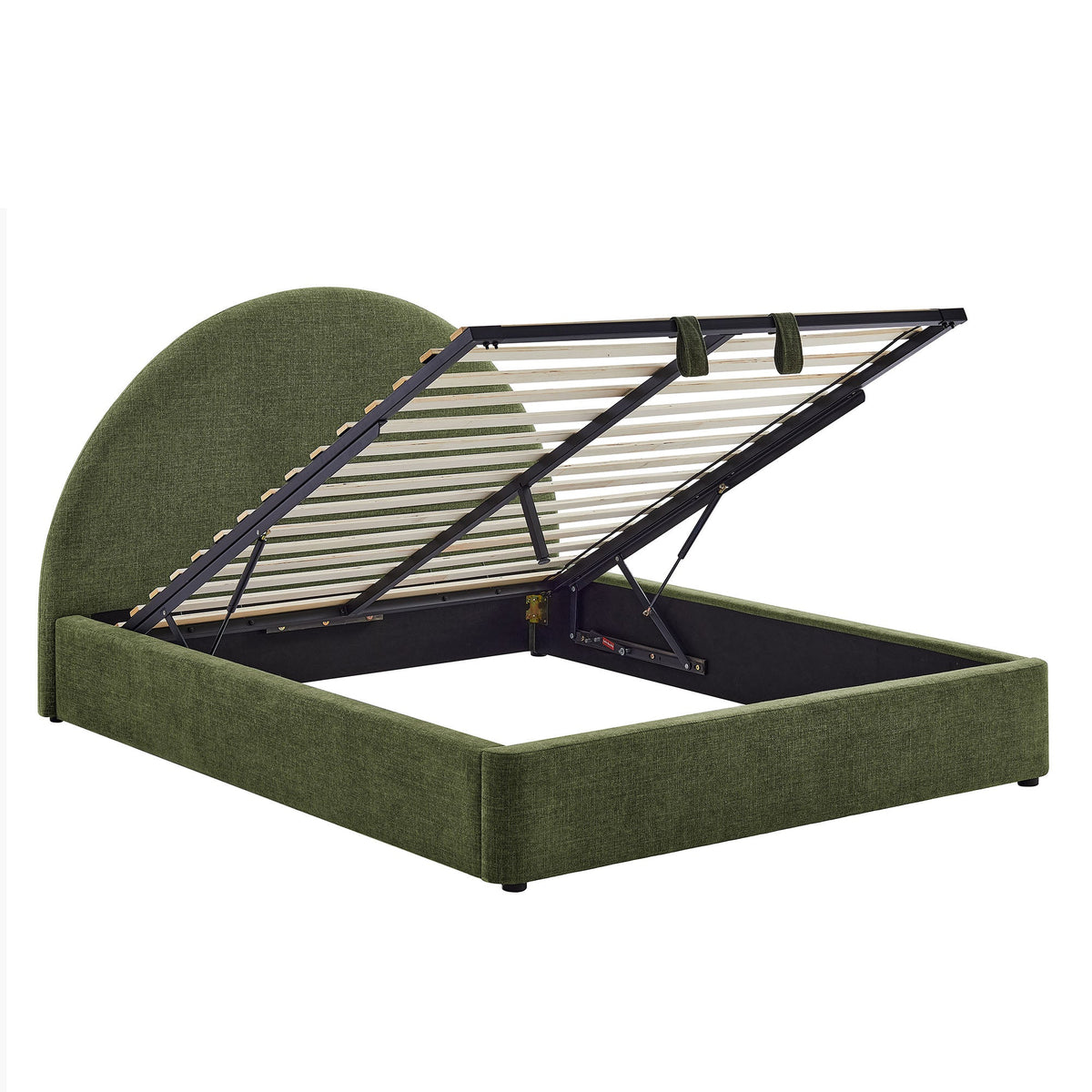 Resort arched upholstered fabric storage platform bed frame in green with lift-up storage on Tampa Home & Garden Store