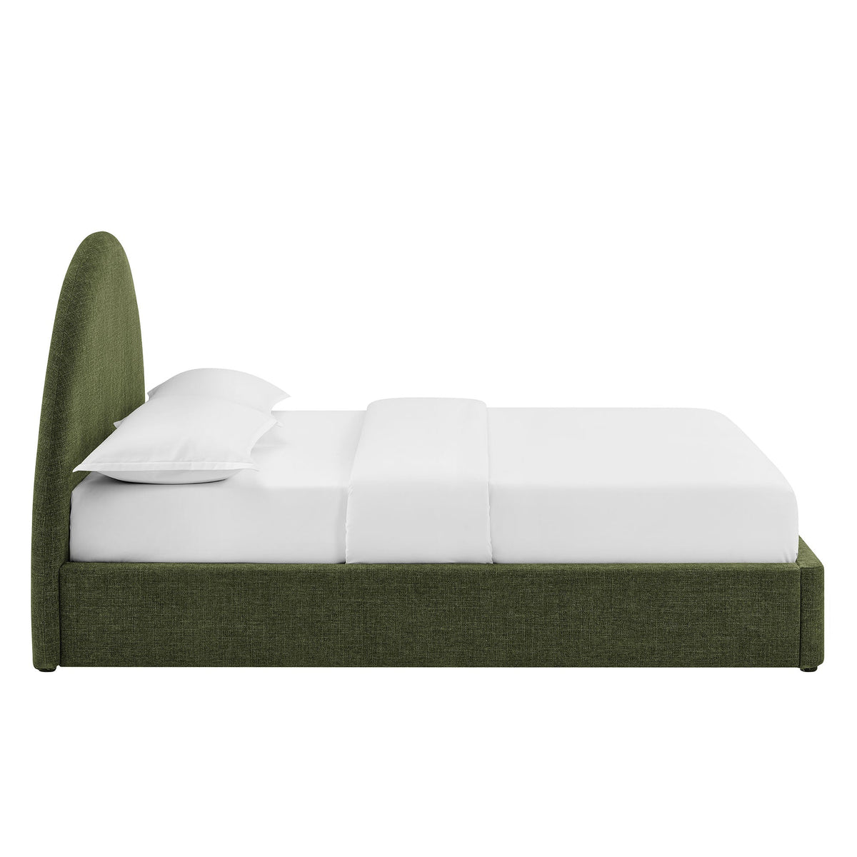 Resort arched upholstered fabric storage platform bed frame in green with white bedding on Tampa Home & Garden Store