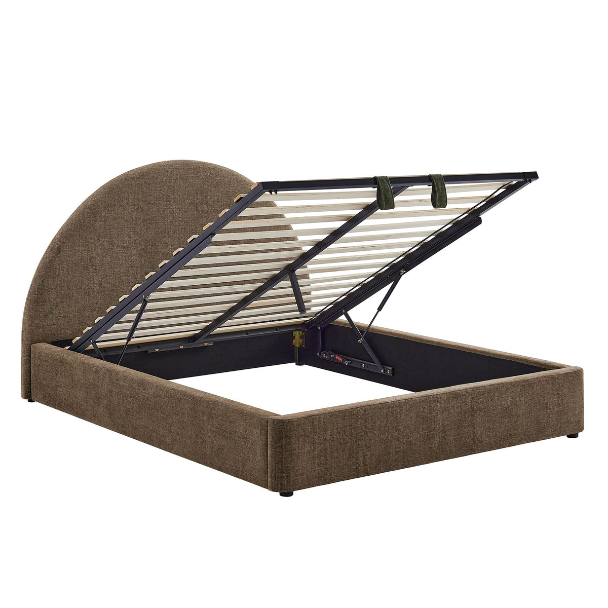 Resort arched upholstered fabric storage platform bed frame in brown with lift-up storage on Tampa Home & Garden Store