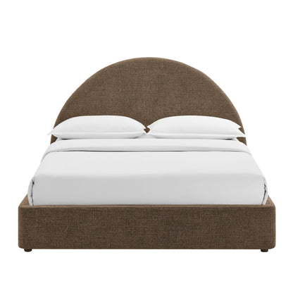 Resort arched upholstered fabric storage bed frame in brown with white bedding on Tampa Home & Garden Store