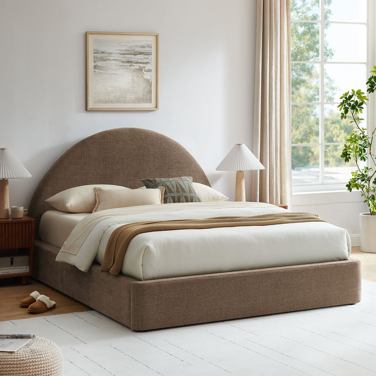 Resort arched upholstered storage platform bed frame in brown with curved headboard by HouseOfZazla on Tampa Home & Garden Store