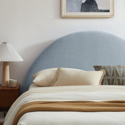 Resort Arched Upholstered Fabric Storage Platform Bed Frame in blue with beige bedding on Tampa Home & Garden Store