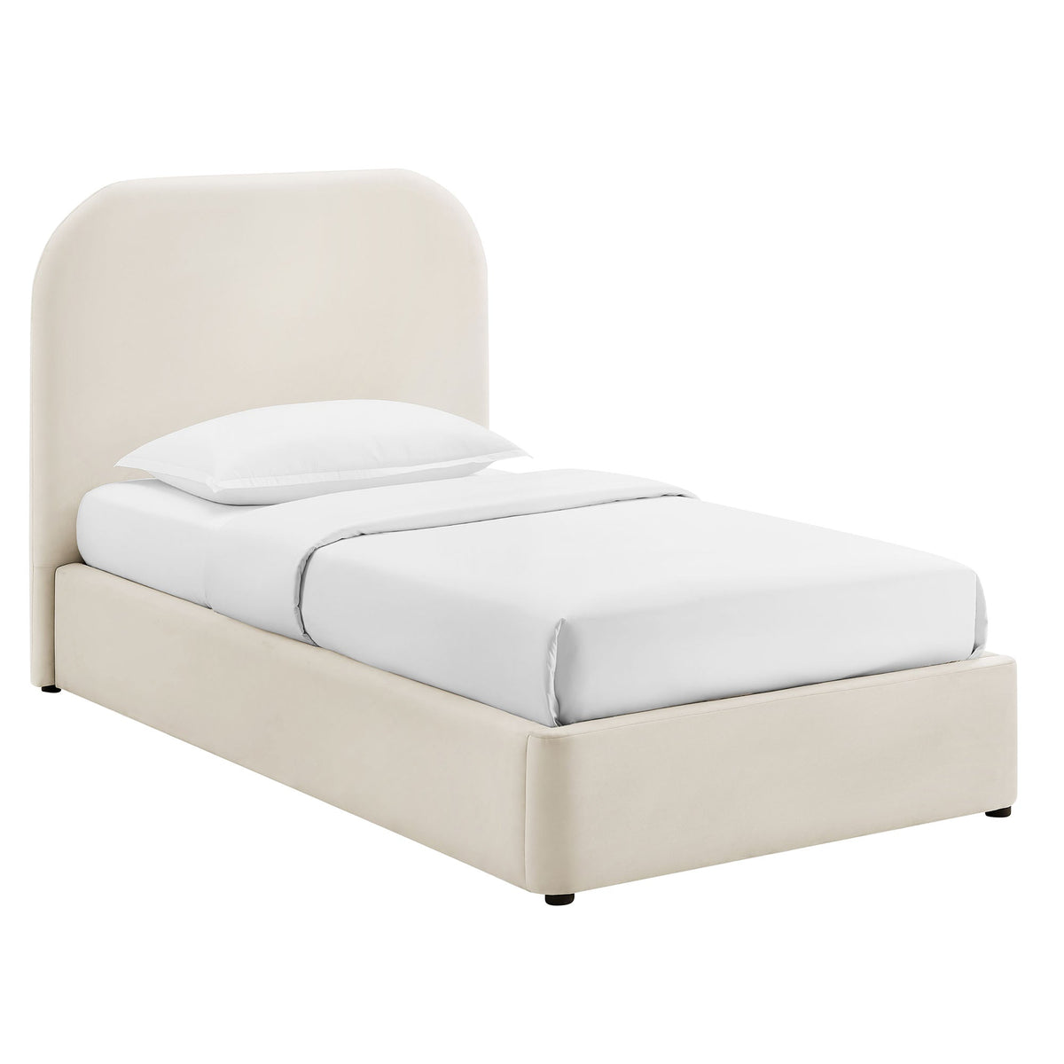 Keynote Performance Velvet Storage Platform Bed Frame with beige curved headboard on Tampa Home & Garden Store