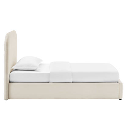 Keynote Performance Velvet Storage Bed Frame in ivory with tall upholstered headboard on Tampa Home & Garden Store