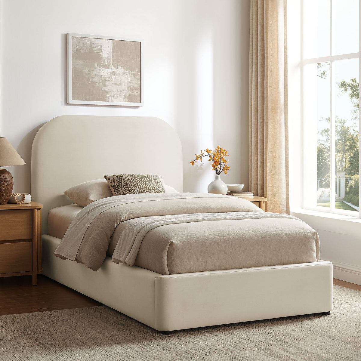 Keynote Performance Velvet Storage Platform Bed Frame by Modway in beige with bed skirt on Tampa Home & Garden Store