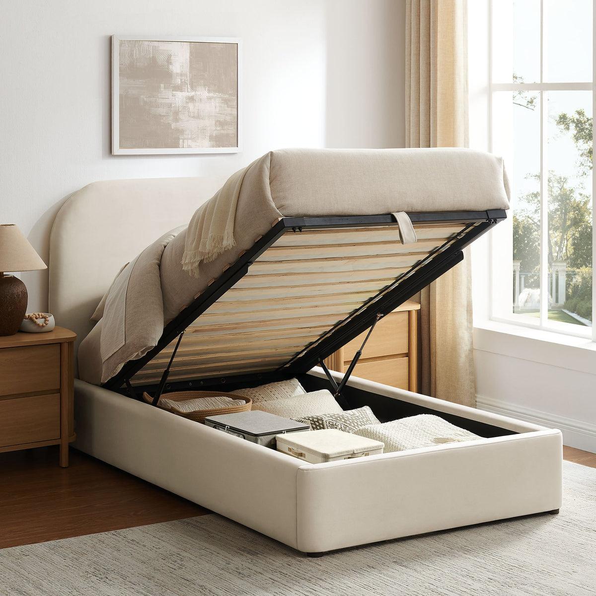 Keynote Performance Velvet Storage Platform Bed Frame by Modway in beige velvet with lift on Tampa Home & Garden Store