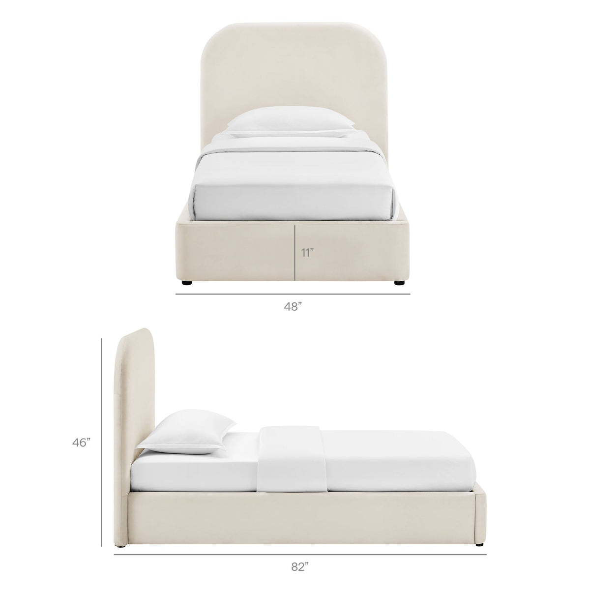 Keynote Performance Velvet storage platform bed frame in ivory with tall curved headboard on Tampa Home & Garden Store