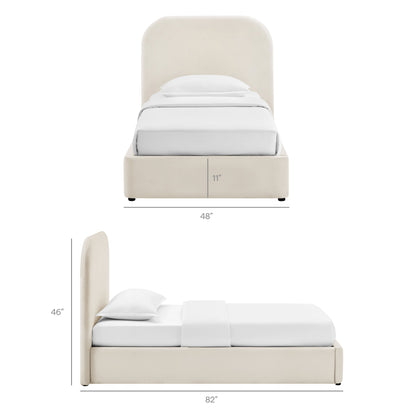 Keynote Performance Velvet storage platform bed frame in ivory with tall curved headboard on Tampa Home & Garden Store
