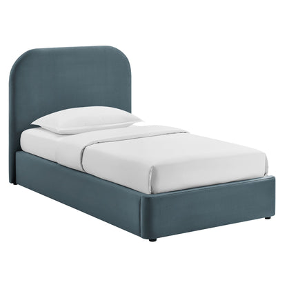 Keynote Performance Velvet storage platform bed frame in blue velvet with upholstered headboard on Tampa Home & Garden Store