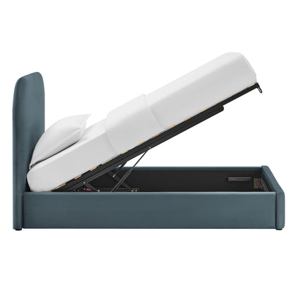 Keynote Performance Velvet storage platform bed frame in teal with upholstered headboard on Tampa Home & Garden Store