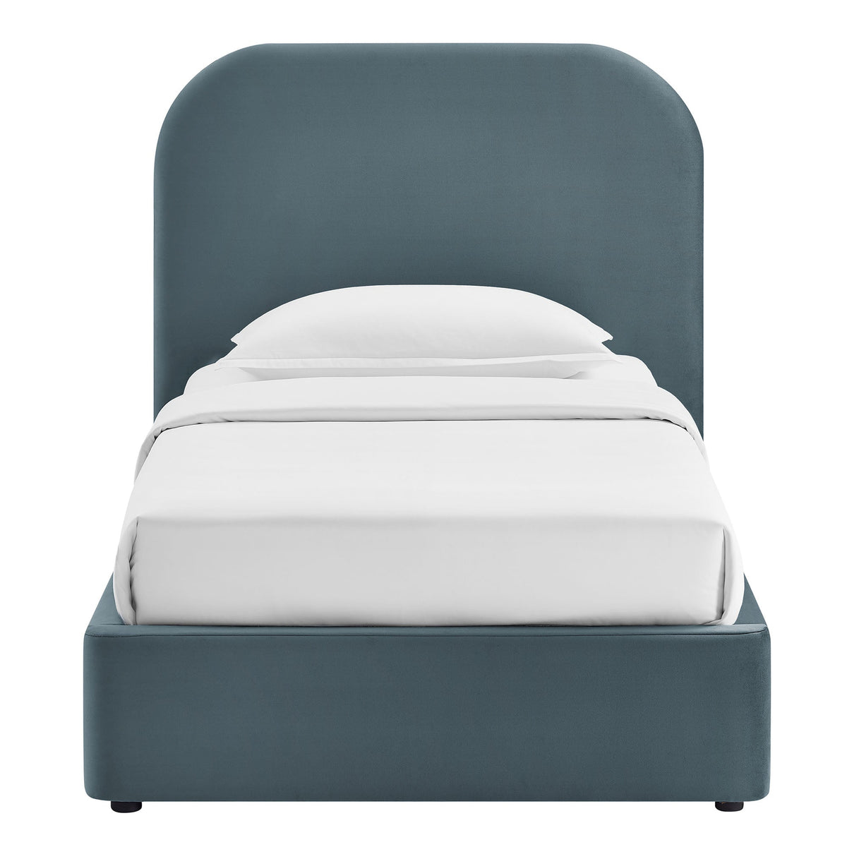 Keynote Performance Velvet storage bed frame in blue-gray velvet with curved headboard on Tampa Home & Garden Store