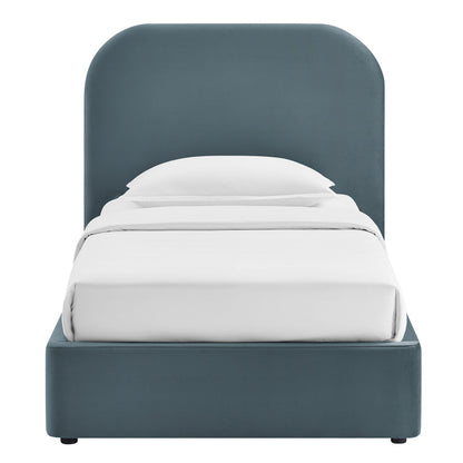 Keynote Performance Velvet storage bed frame in blue-gray velvet with curved headboard on Tampa Home & Garden Store