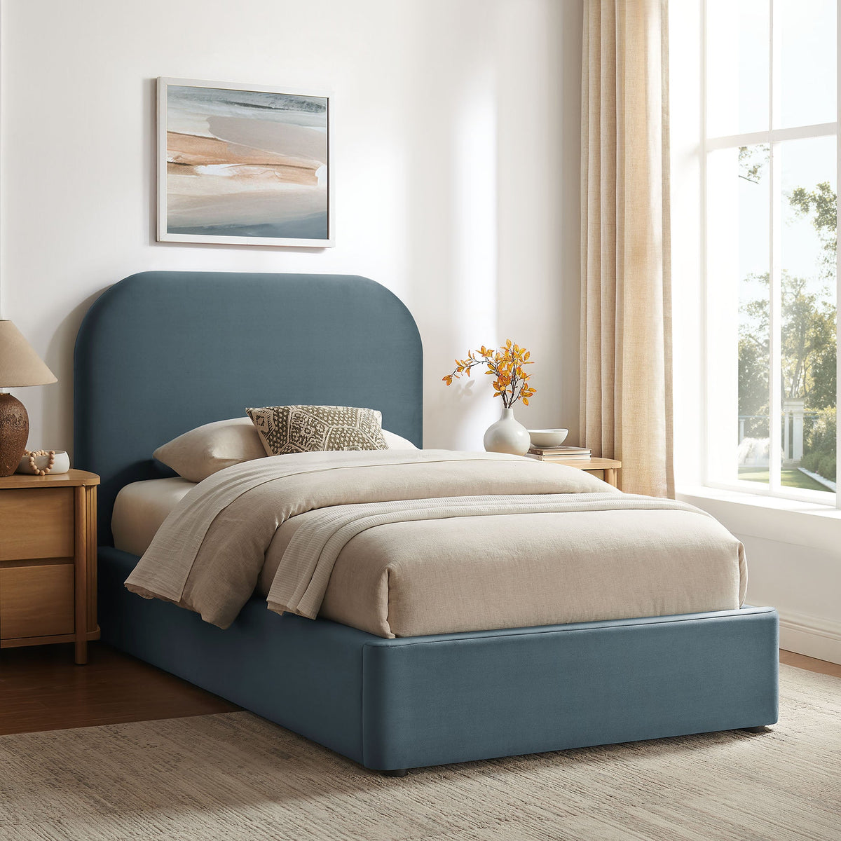 Keynote Velvet Storage Platform Bed Frame by Modway teal upholstered bed with curved headboard on Tampa Home & Garden Store