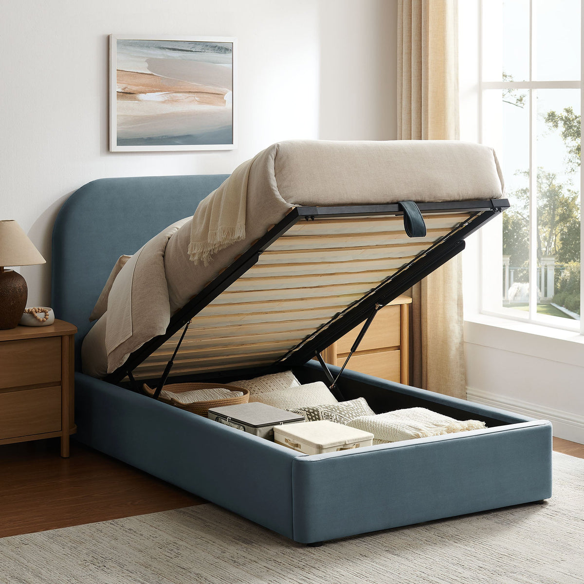 Keynote Performance Velvet storage platform bed frame by Modway in blue with hydraulic lift on Tampa Home & Garden Store