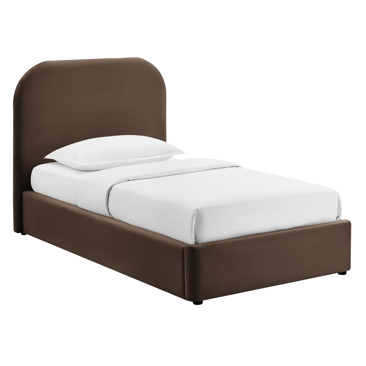 Keynote Performance velvet storage platform bed frame in brown with upholstered headboard on Tampa Home & Garden Store