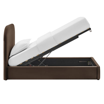 Keynote Performance Velvet Storage Platform Bed Frame brown headboard with lift storage on Tampa Home & Garden Store
