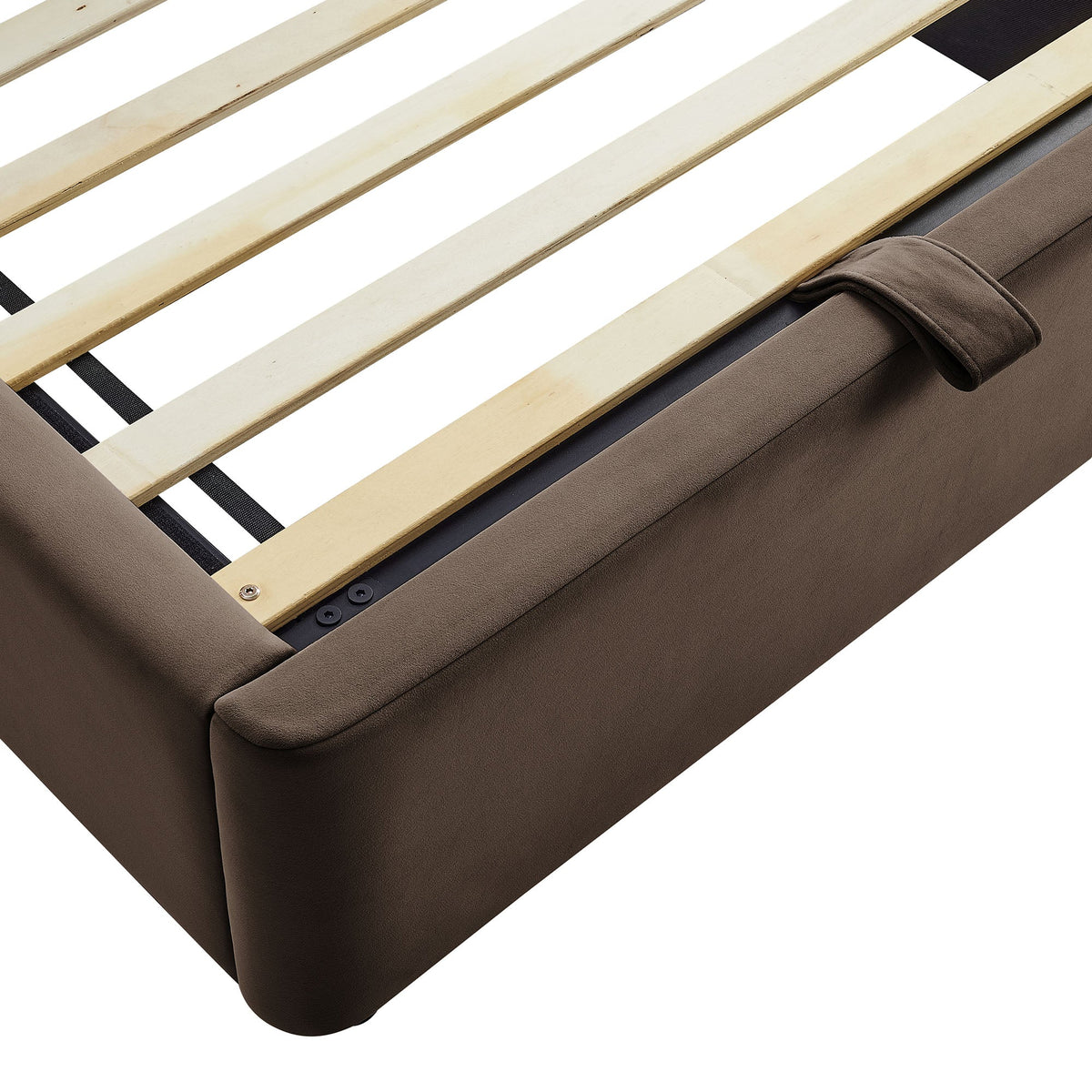 Keynote Performance Velvet storage platform bed frame with brown upholstery and wood slats on Tampa Home & Garden Store