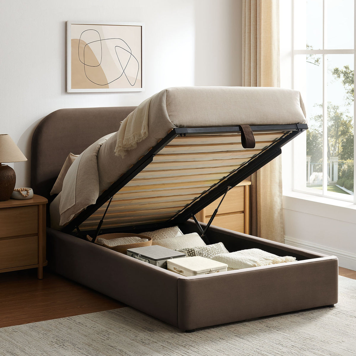 Keynote Performance Velvet Storage Platform Bed Frame in taupe with built-in drawers by Modway on Tampa Home & Garden Store