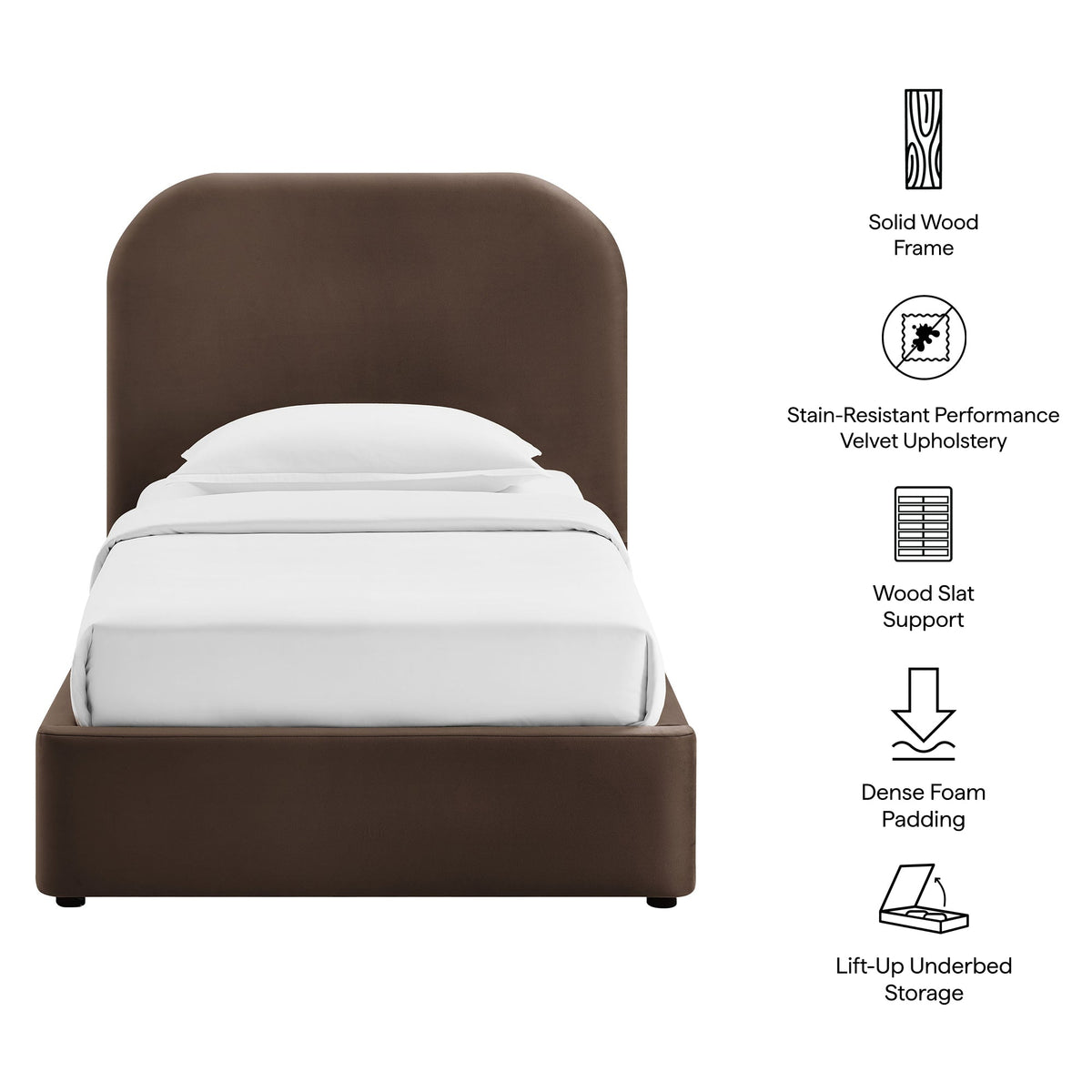 Keynote Velvet Storage Platform Bed Frame brown velvet with solid wood frame and lift-up storage on Tampa Home & Garden Store