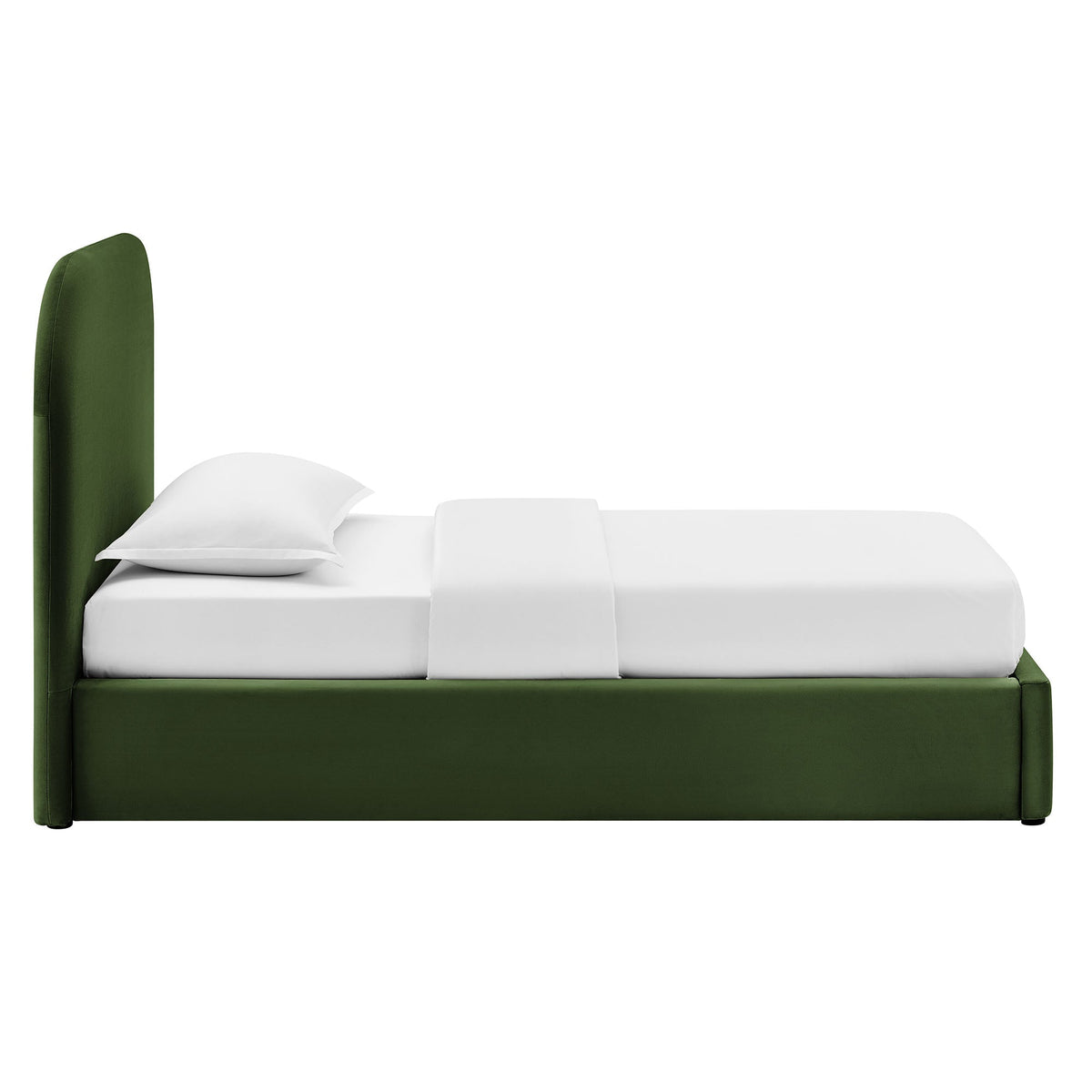 Keynote Performance Velvet storage platform bed frame in green velvet with white bedding on Tampa Home & Garden Store