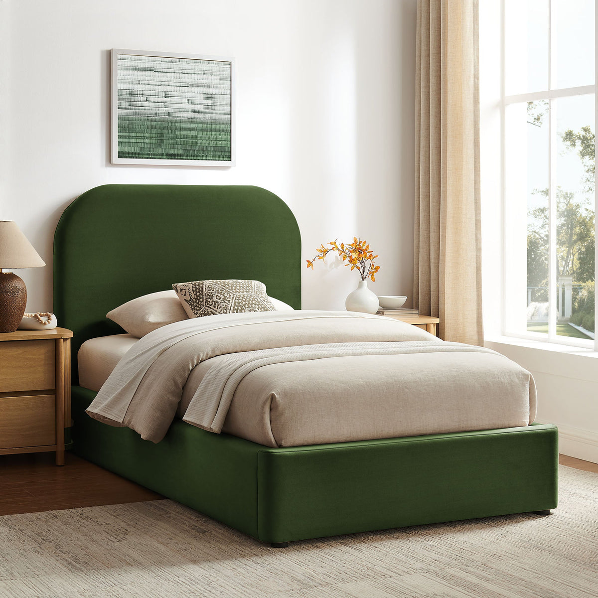 Keynote Performance Velvet Storage Platform Bed Frame green velvet upholstery and beige bedding on Tampa Home & Garden Store