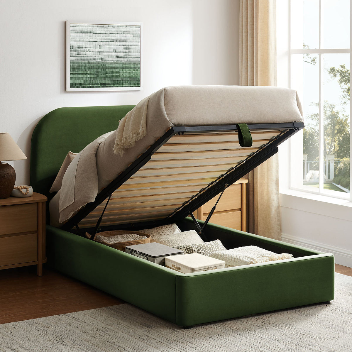 Keynote Performance Velvet storage bed frame in green upholstery with lift mechanism on Tampa Home & Garden Store