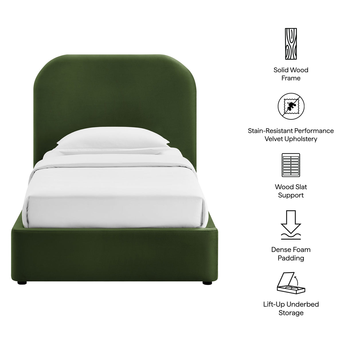 Keynote Performance Velvet Storage Bed Frame by Modway, green velvet with lift-up storage on Tampa Home & Garden Store