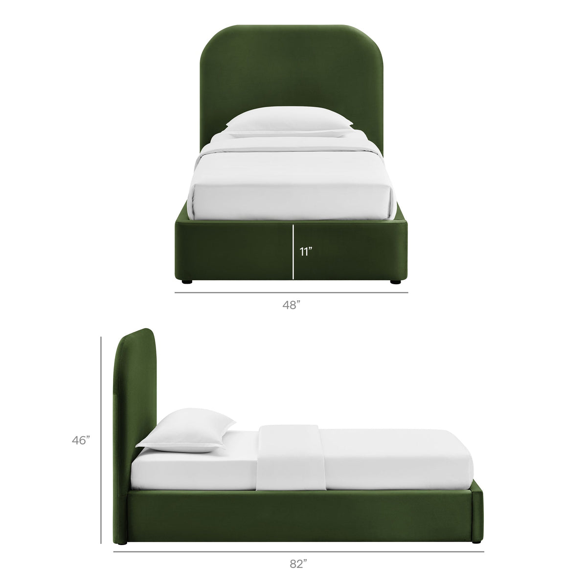 Keynote Performance Velvet storage platform bed frame in green velvet with padded headboard on Tampa Home & Garden Store